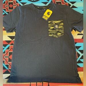 Carhartt Kid’s Black Tee with Green Camo Pocket